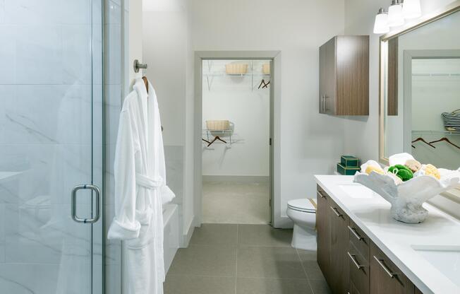 glass enclosed shower in bathroom at Hanover Broadway