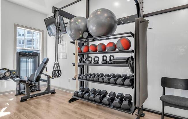 the gym is equipped with dumbbells and other exercise equipment at Marina Point, Chattanooga Tennessee