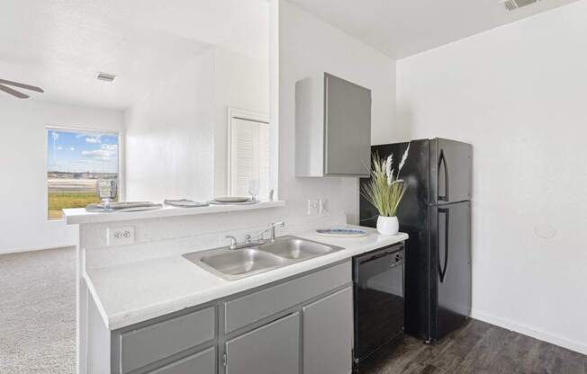 Pet-Friendly Apartments in Austin, TX – Huntington Meadows – A kitchen with a black refrigerator and grey cabinets