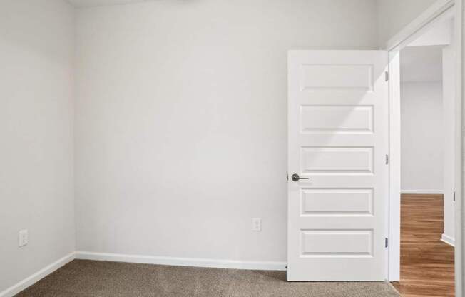 A white door is in a room with a carpet.