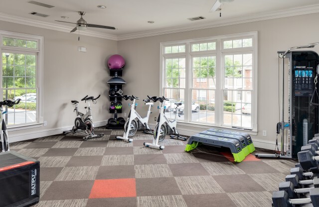 View of Fitness Center, Showing Stationary Bikes, Free Weights, and Exercise Balls at Retreat at Peachtree City Apartments