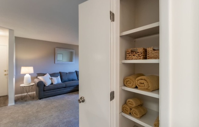 This is a photo of the hall linen closet in the 822 square foot, 2 bedroom, 1 bath floor plan at Village East Apartments in Franklin, OH.