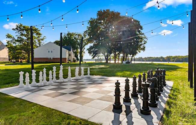 A giant chess board with black and white pieces in a grassy area.