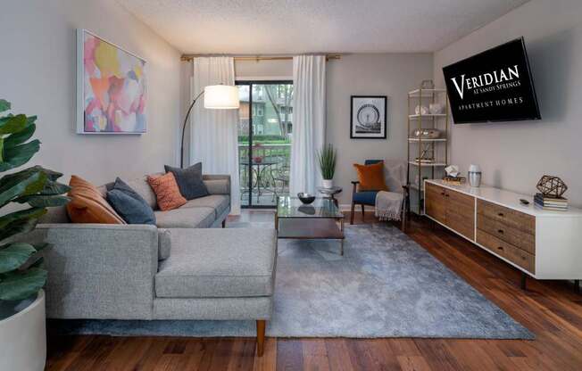 Veridian at Sandy Springs apartments interior living room with a couch and a table