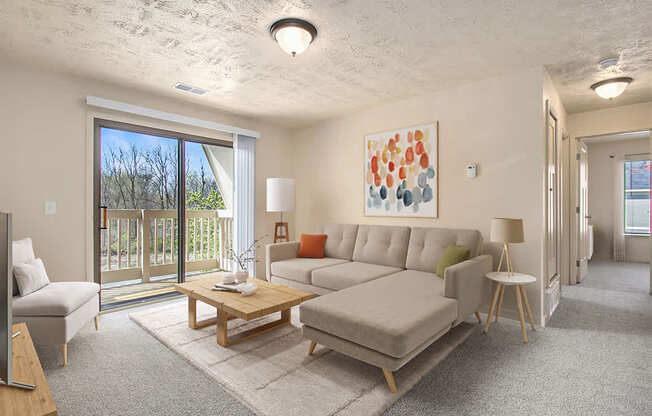 a living room with a slider to a private balcony at Hickory Village Apartments in Mishawaka, IN
