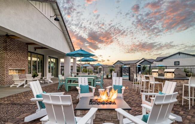 back patio with fire pit by the leasing office