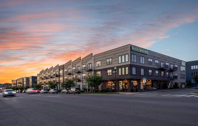 A street view of a building with the name "Bellevue" on it.