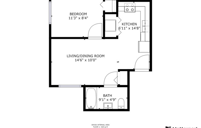 1 bed, 1 bath, 428 sqft, $1,300