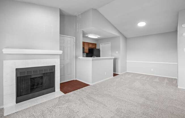 A living room with a fireplace and a carpet.