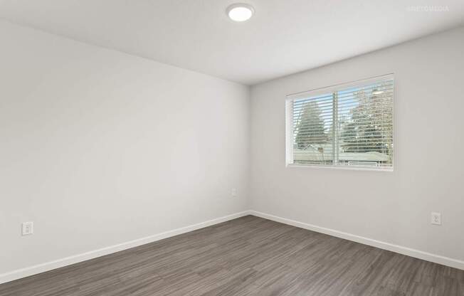 A room with a window showing trees outside.
