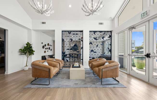 communal living room with couches and a coffee table