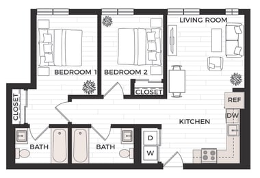 2 beds, 2 baths, 848 sqft, $2,000