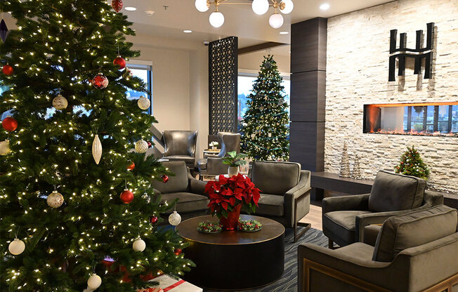 holiday trees lobby at Harbor Heights 55+ Community, Olympia, WA 98501