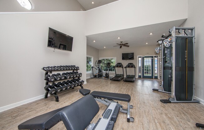 Gym with weights and treadmills at St. Croix Apartments in Virginia Beach VA
