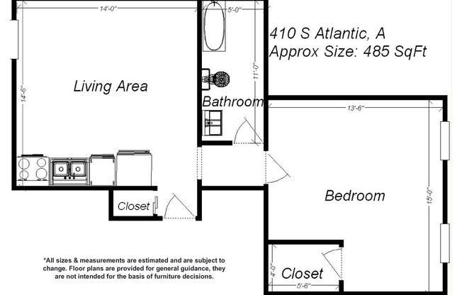 1 bed, 1 bath, 485 sqft, $969, Unit 410 S. Atlantic Ave. #A