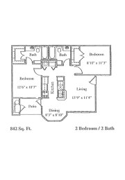 2 beds, 2 baths, 842 sqft, $1,350
