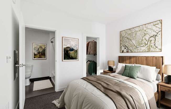 A bedroom with a large bed and a map on the wall.