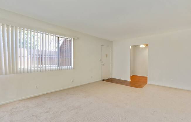 Living room with carpet flooring, vertical blinds on the windows