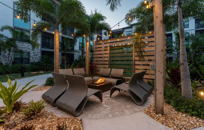 Outdoor Fire Pit Lounge During Twilight at AxisOne, Stuart, 34994