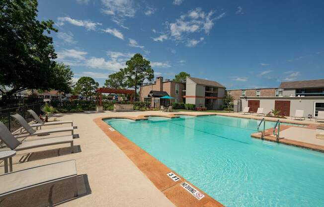 A pool with a red sign on the ground.