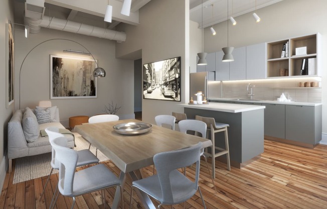 a rendering of a kitchen and dining room with a table and chairs at East 4th Street, Cleveland, Ohio