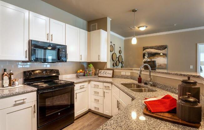 Kitchen with granite countertops and energy-efficient appliances at Lullwater at Blair Stone apartments for rent