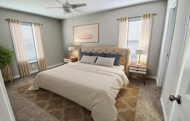 a bedroom with a bed and two windows at Planters Trace, Charleston, SC