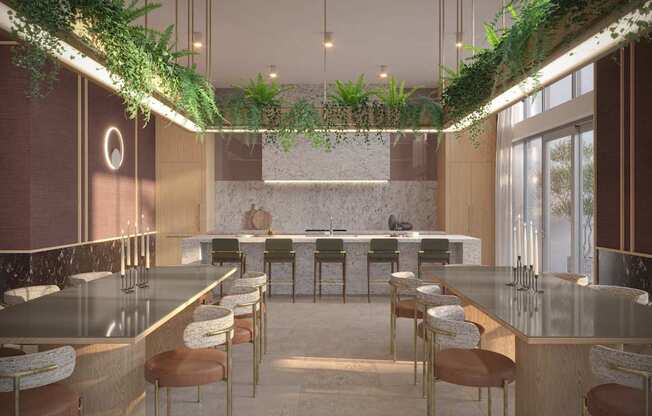 A modern kitchen with a long counter and bar stools.