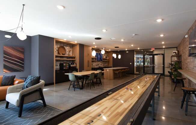 a bowling alley in the lobby of a building