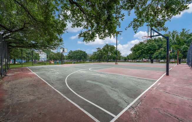 a basketball court in a park with trees