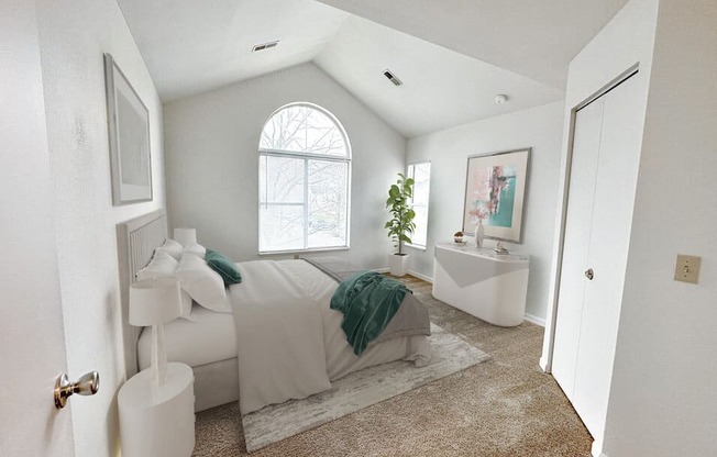 a bedroom with a bed and a bathtub