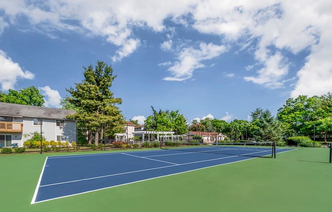 a tennis court with trees and a house in the background