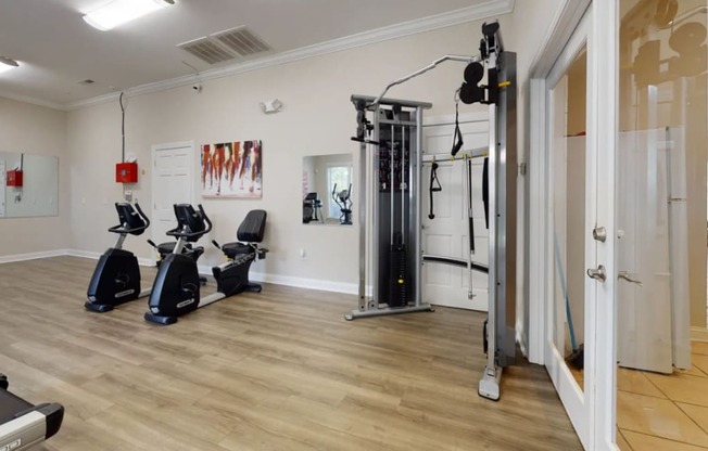 the gym at the flats at big tex apartments