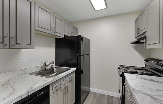 Kitchen View of Efficient Appliances like Dishwasher and Refrigerator, Grey Cabinetry, and Plank Flooring at Campo Basso Apartment Homes, Lynnwood, Washington 98087