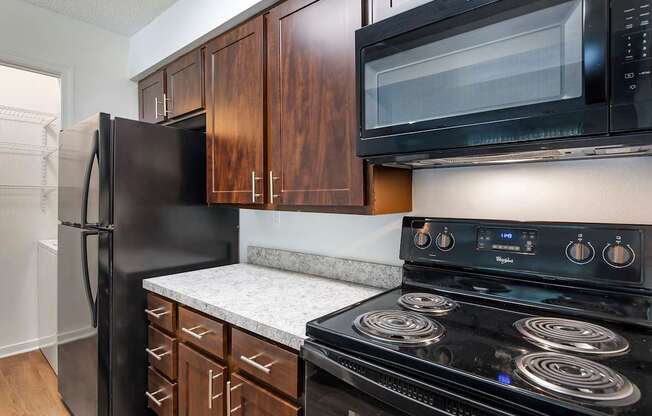 the kitchens in our apartments are equipped with stainless steel appliances and black appliances