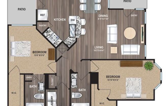 2 beds, 2 baths, 1,299 sqft, $2,043