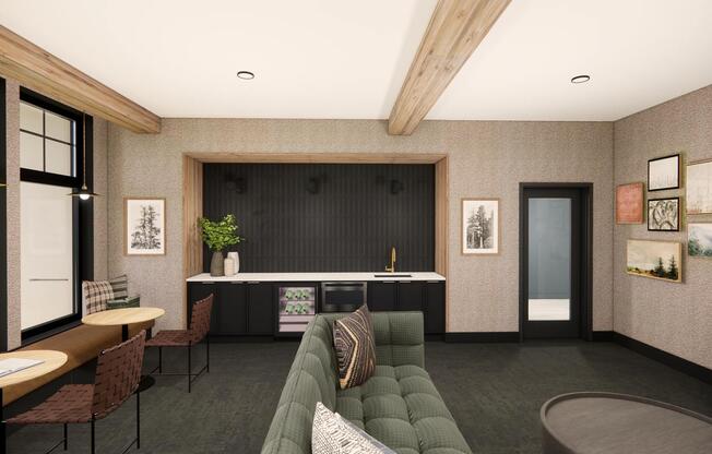 Unwind in the clubroom at Modera Bridle Trails with inviting seating, a coffee bar, and wine fridge designed for easy, everyday moments.