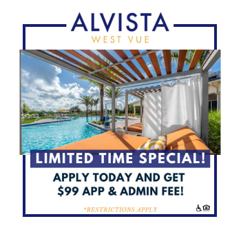 A promotional image for Alvista West Vue offering a special deal on application and administrative fees.