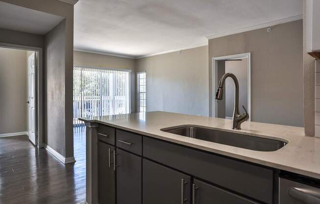 A kitchen with a sink and cabinets.