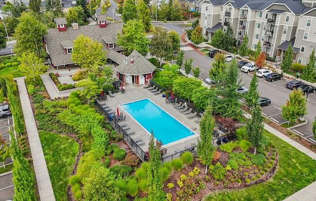 A bird's eye view of a residential area with a swimming pool.