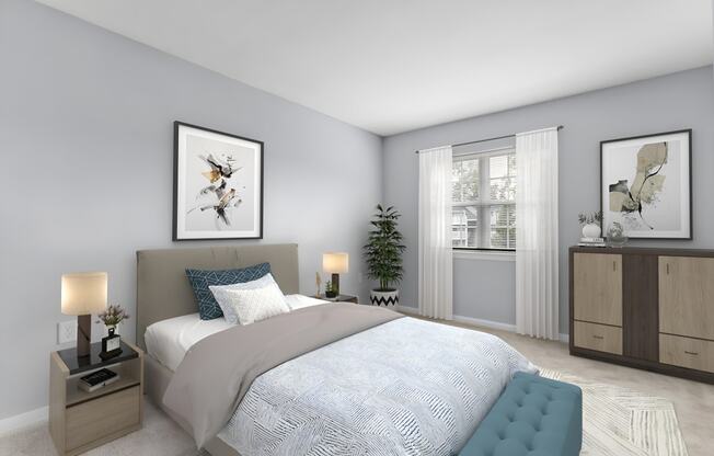 a bedroom with grey walls and a white bed