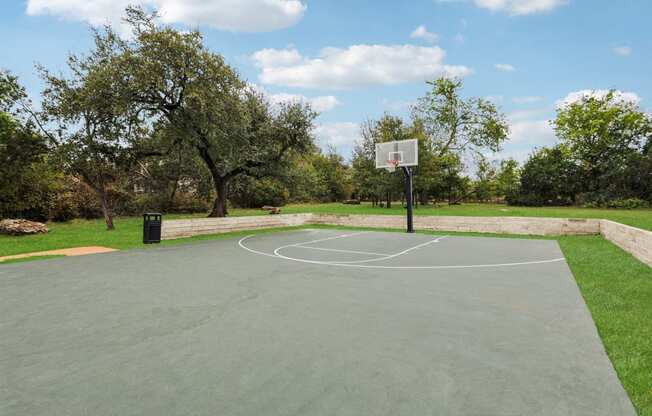 a basketball court in a park with trees