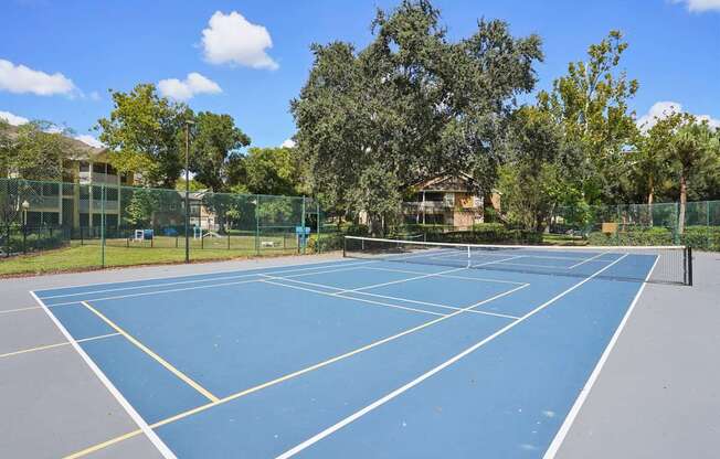 A tennis court surrounded by a fence and trees.