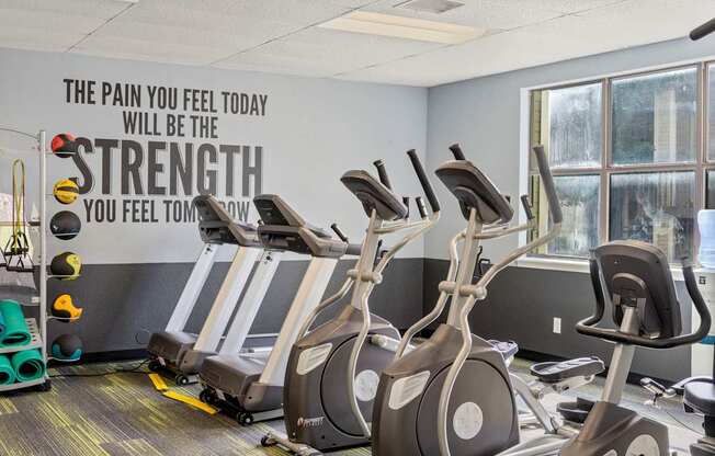 A gym with a wall mural that says "The pain you feel today will be the strength you feel tomorrow."