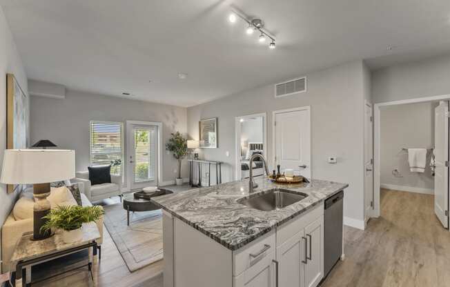 Open living room with a kitchen with a sink at The Edison at Chapel Hills, Colorado Springs, CO, Colorado