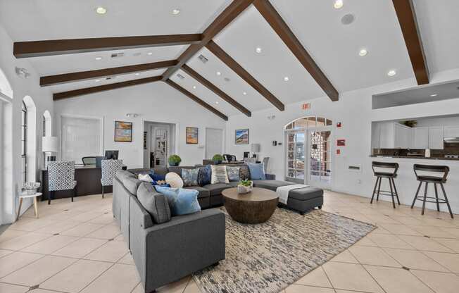 a living room with couches and a rug and a kitchen in the background