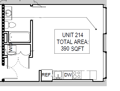 Studio, 1 bath, 390 sqft, $1,140, Unit 214