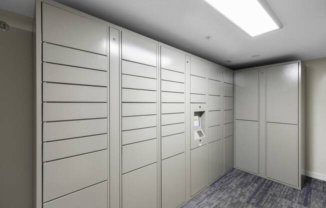 White Package Receiving Lockers in a room with a gray carpet at West Mall Place Apartment Homes, Everett