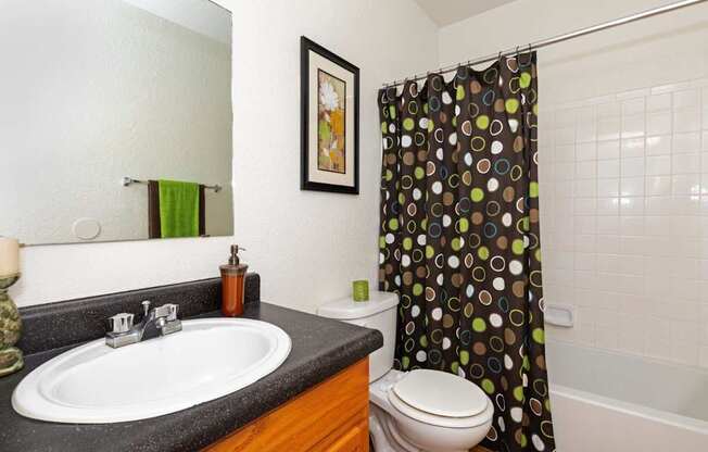 A bathroom with a sink, toilet, and shower curtain.