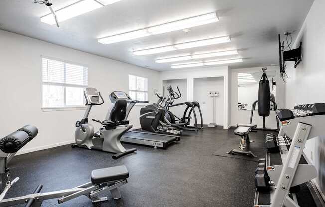 A spacious gym with a variety of equipment including treadmills, stationary bikes, and weight machines.